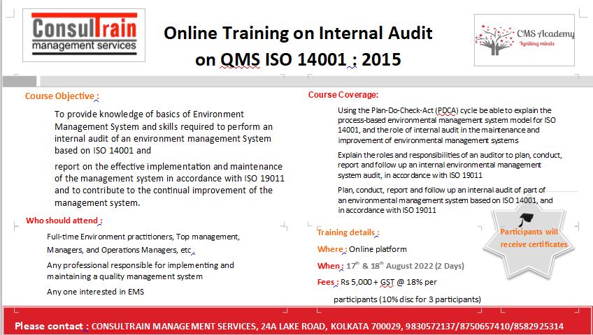 2 days online training on internal audit for Environment Management System (EMS) as per ISO 14001